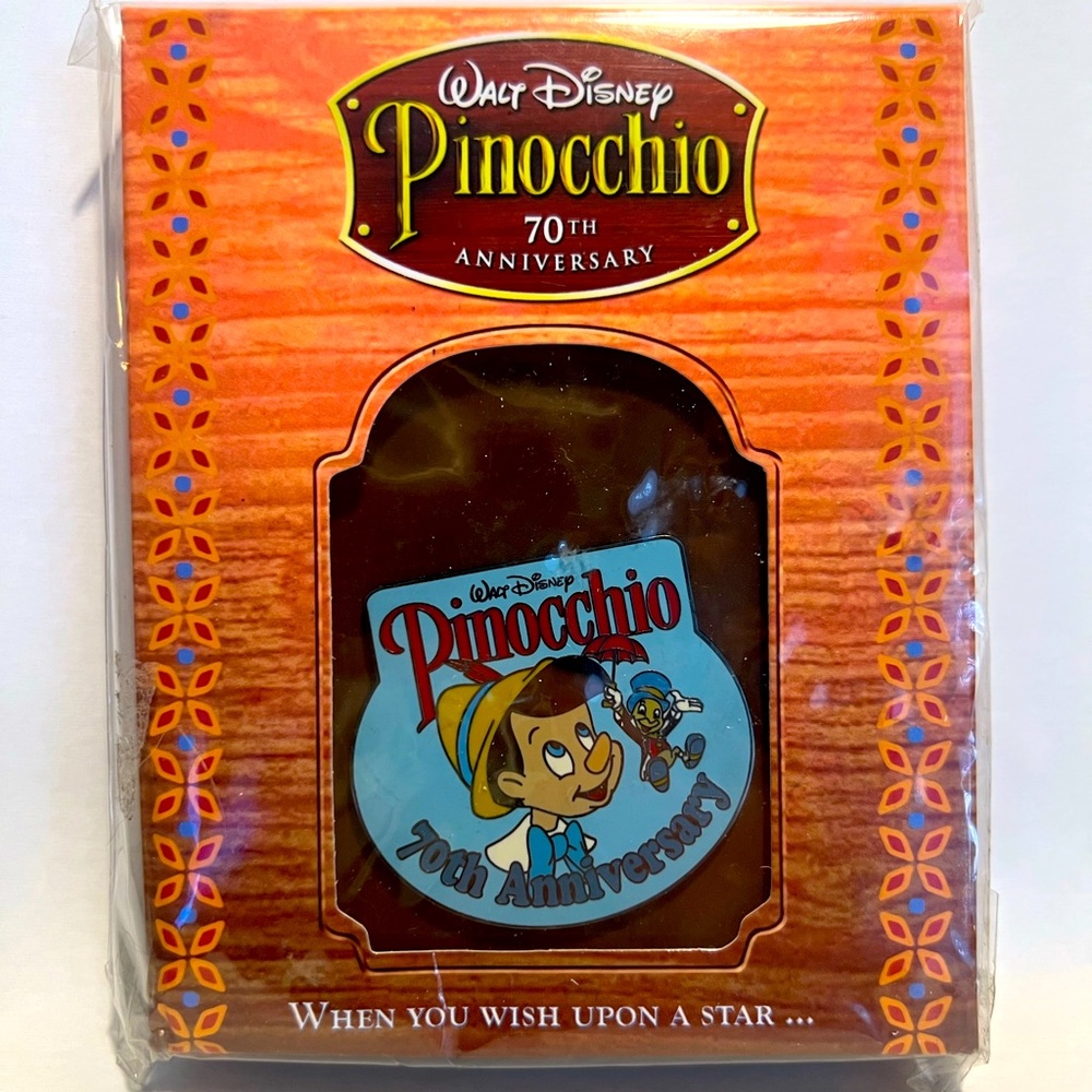 Disney’s Pinocchio 70th Anniversary release commemorative pin sealed in box.